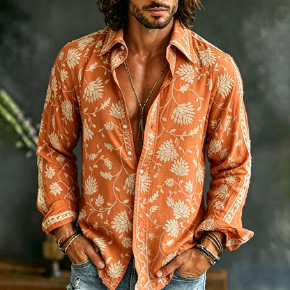 Cardydony Men's Vintage Floral Embroidered Art Print Flowy Linen Blend Casual Shirt