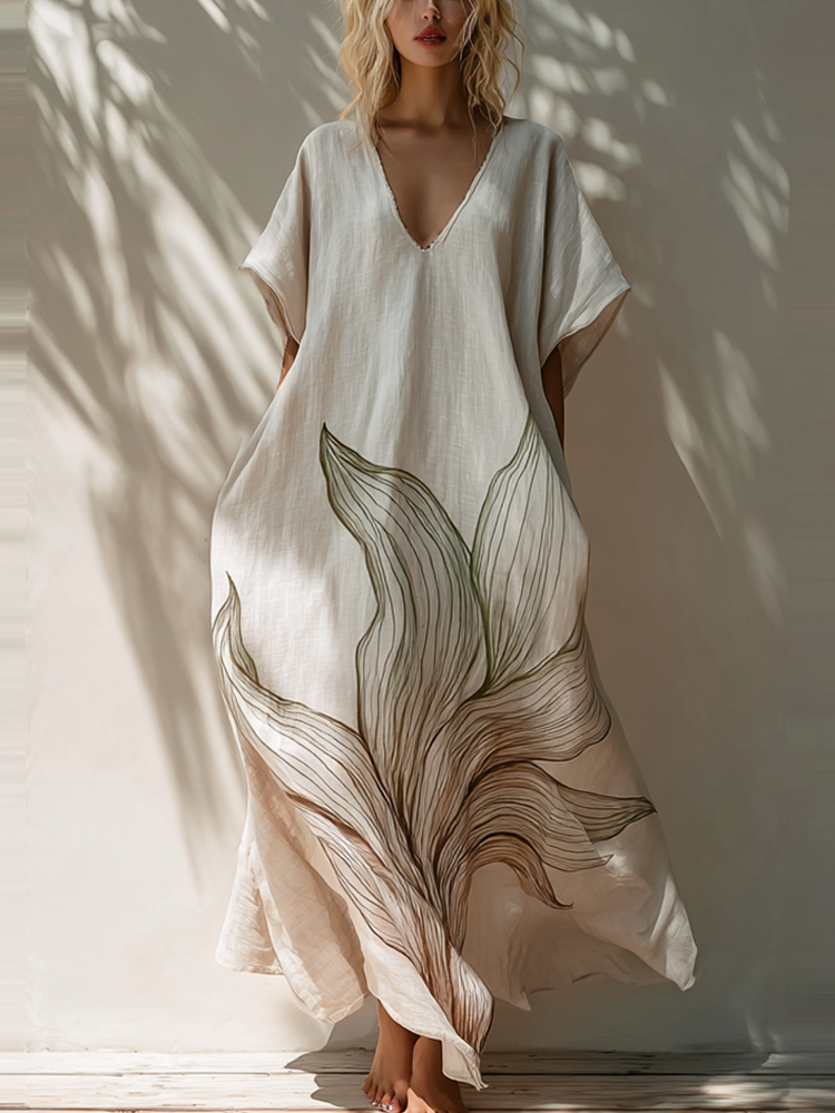 Cardydony Plant Pattern Design Casual Linen Dress
