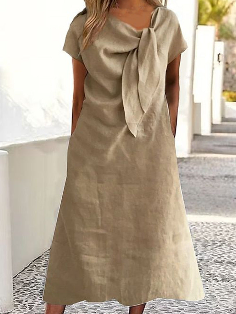 Cardydony Casual Round Neck Short Sleeve Pocket Linen Dress