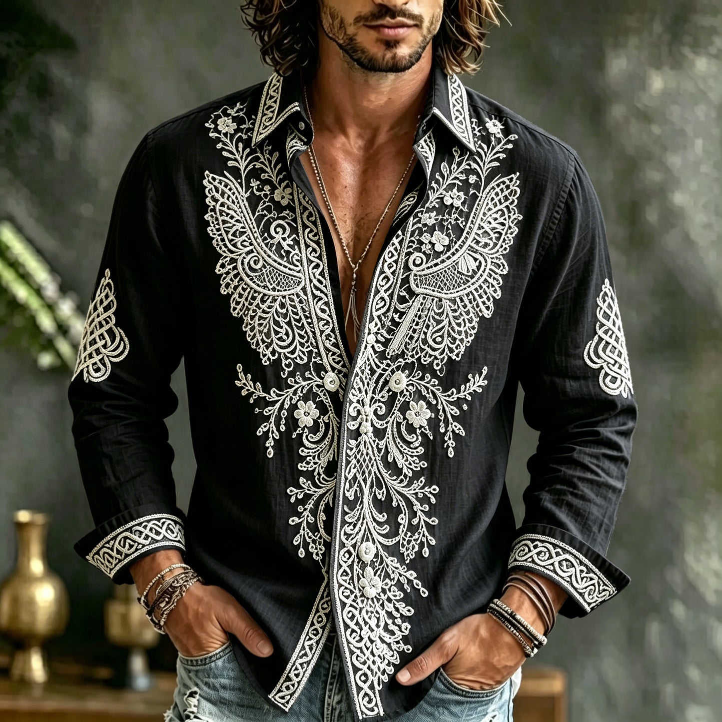 Cardydony Men's Spring Summer Viking Tribal Jacquard Wings And Floral Inspired Art Flowy Linen Blend Shirt