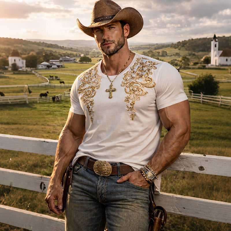 Cardydony Men's Retro Western Ethnic Print Short-sleeve T-shirt