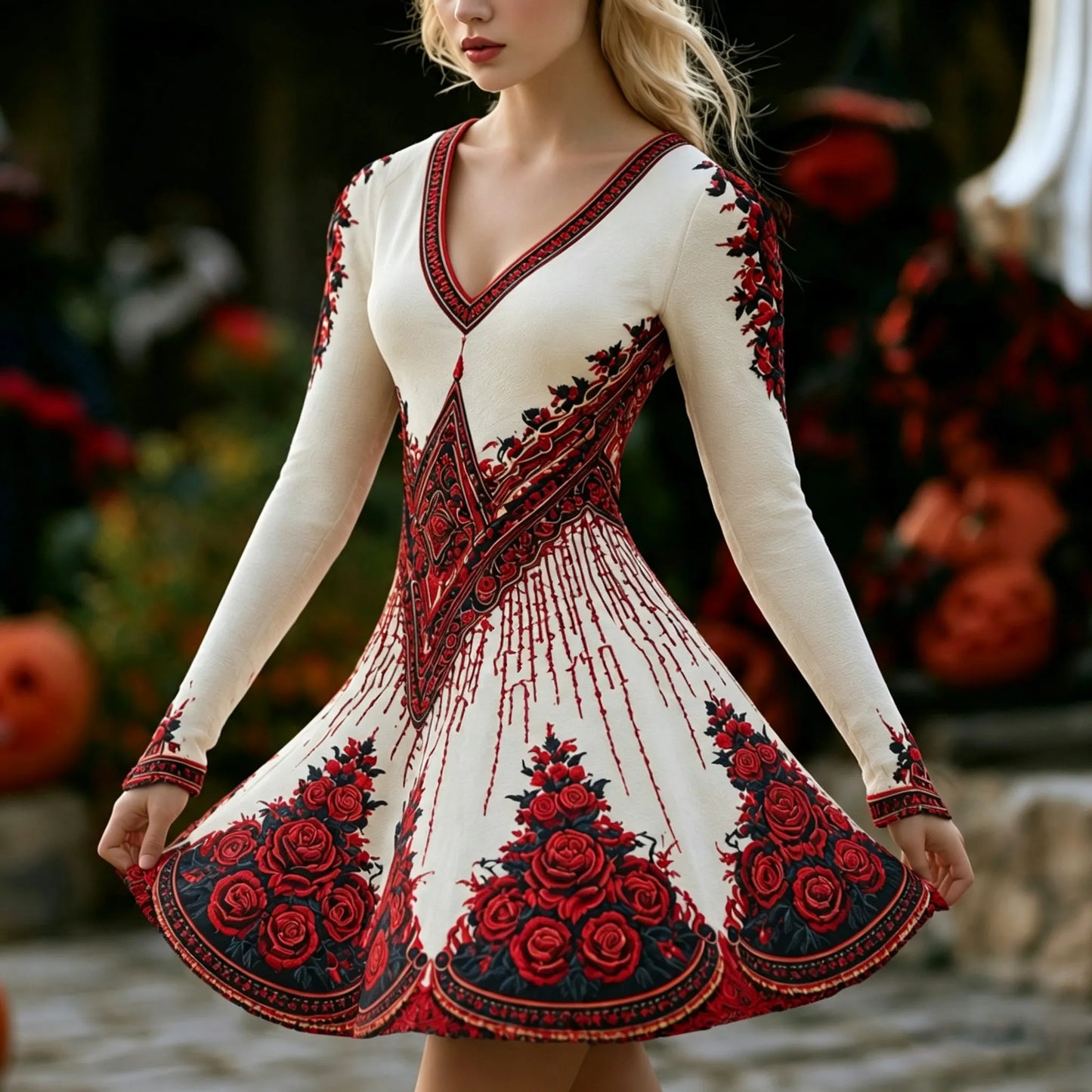 Cardydony Women's Retro Halloween Gothic Floral Print Long-sleeved Cotton Linen V-neck Dress