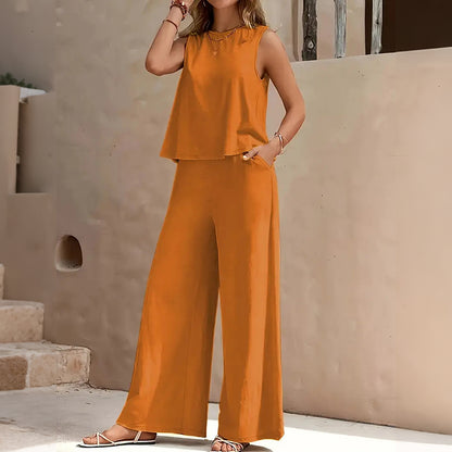 Cardydony Elegant Solid Color Crew Neck Tank Top And Wide Leg Pants Two Piece Set