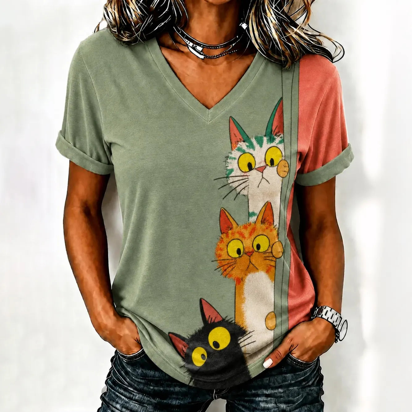 Cardydony Women's Cute Cat Printed Casual T-shirt