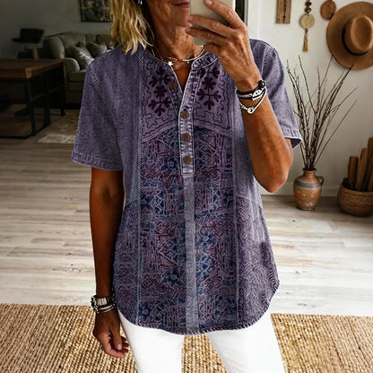 Cardydony Women's Vintage Ethnic Floral Art Print Casual Short-sleeve Shirt
