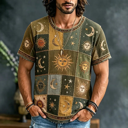 Cardydony Men's Hippie Sun Moon Geometric Patchwork Print Short Sleeve T-shirt