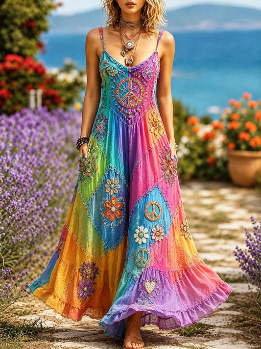 Cardydony Women's Hippie Floral Peace Sign Contrast Patchwork Sleeveless Dress