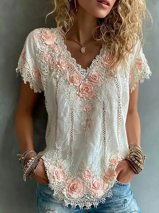 Cardydony Women's Bohemian Floral Embroidery Pattern Casual T-shirt