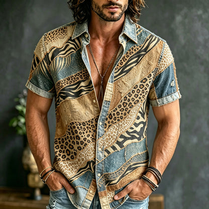 Cardydony Men's Retro Washed Leopard Print Patchwork Shirt