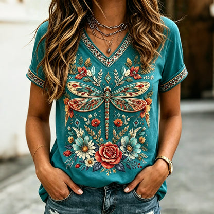 Cardydony Women's Retro Dragonfly And Floral Print Short-sleeve V-neck Cotton Linen Top