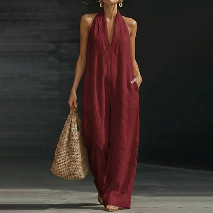 Cardydony Women's Solid Color Sleeveless Linen Blend Jumpsuit
