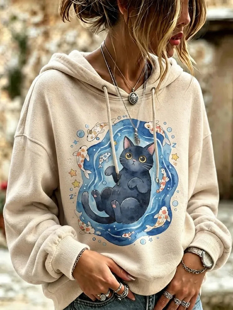 Cardydony Women's Cute Black Cat Swimming With Koi Fish Print Hoodie