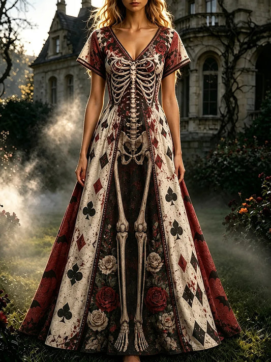 Cardydony Women's Halloween Gothic Skeleton & Floral Poker Print Short-sleeve Dress