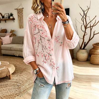 Cardydony Women's Vintage Floral Art Print Flowy Linen Blend Long Sleeve Shirts