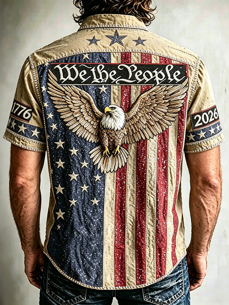 Cardydony Men's Vintage Independence Day And Eagle Print Short-sleeve Shirt