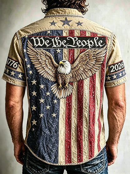 Cardydony Men's Vintage Independence Day And Eagle Print Short-sleeve Shirt