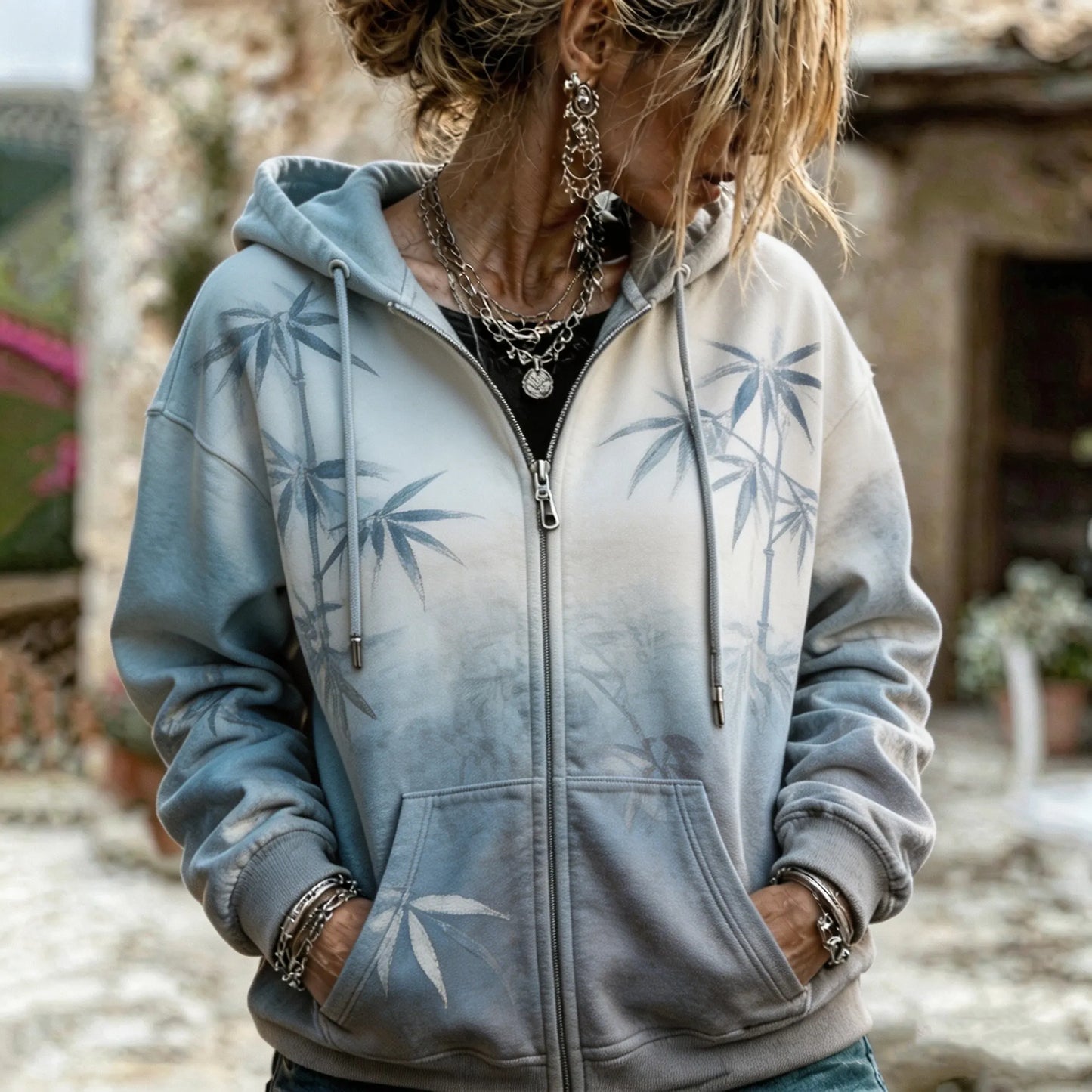 Cardydony Women's Retro Washed Bohemian Soft Gray-blue Washed Bamboo Leaf Print Casual Zip-up Hooded Jacket