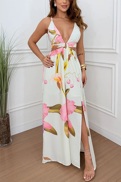 Cardydony Women's Seinah Floral Print Cutout Waist Open Back Lace-up Slit Maxi Dress