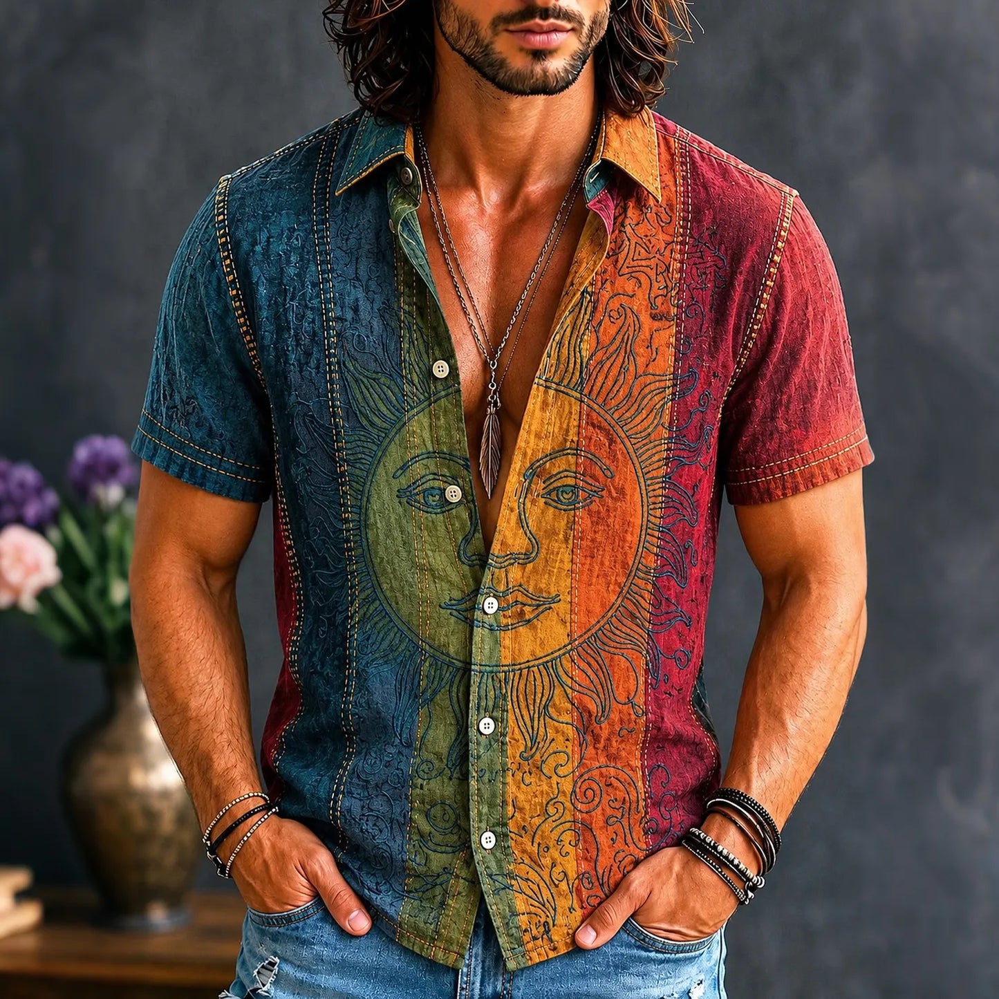 Cardydony Men's Retro Hippie Sun Face Gradient Patchwork Print Shirt