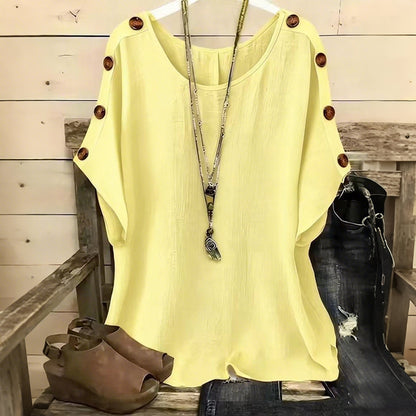 Cardydony Women's Solid Color Round Neck Loose Button Design T-shirt