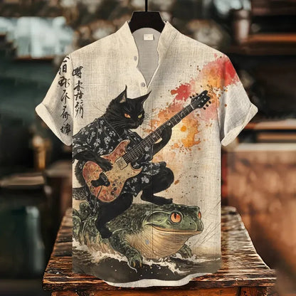 Cardydony Men's Black Cat Riding On Toad Playing Guitar Print Short Sleeve Shirt