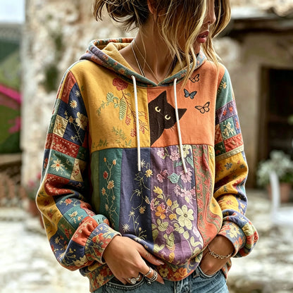 Cardydony Women's Hippie Black Cat Art Print Round Neck Long Sleeve Sweatshirt