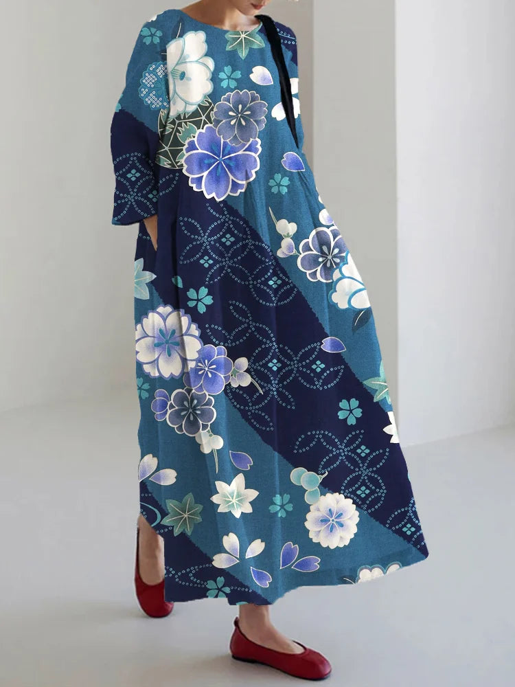 Cardydony Japanese Water Maple Leaves Art Linen Maxi Dress
