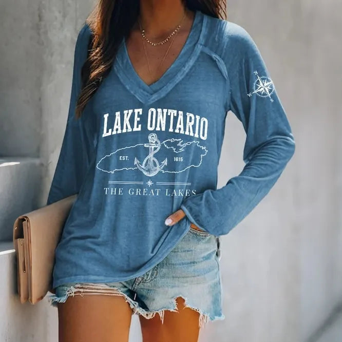 Cardydony Women's Lake Ontario Est 1615 The Great Lakes V-neck Print T-shirt