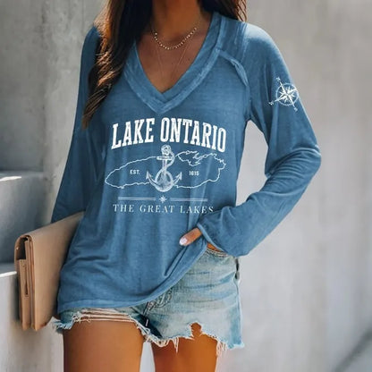 Cardydony Women's Lake Ontario Est 1615 The Great Lakes V-neck Print T-shirt