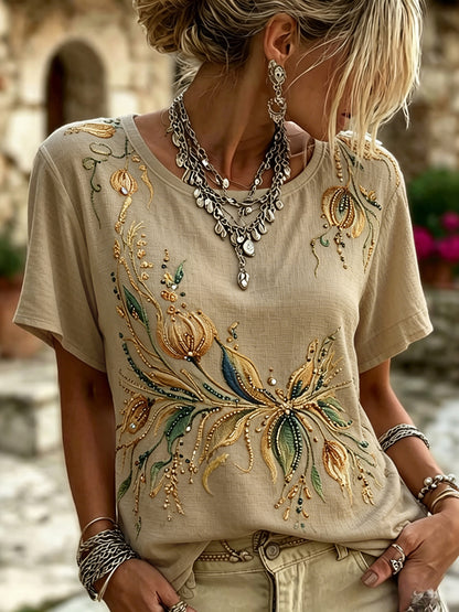 Cardydony Vintage Floral Art Embroidery Casual Linen Cotton Crew Neck Shirt
