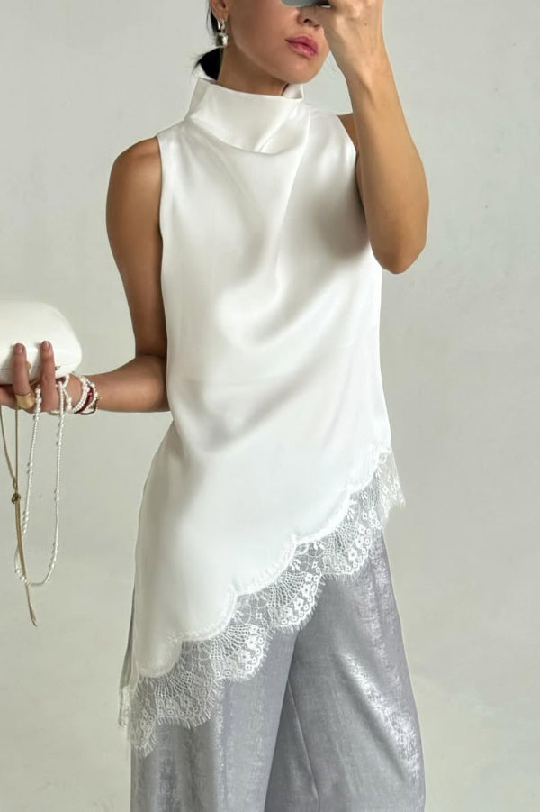 Cardydony Women's Solid Color Satin Spliced lace Sleeveless Irregular Casual Top