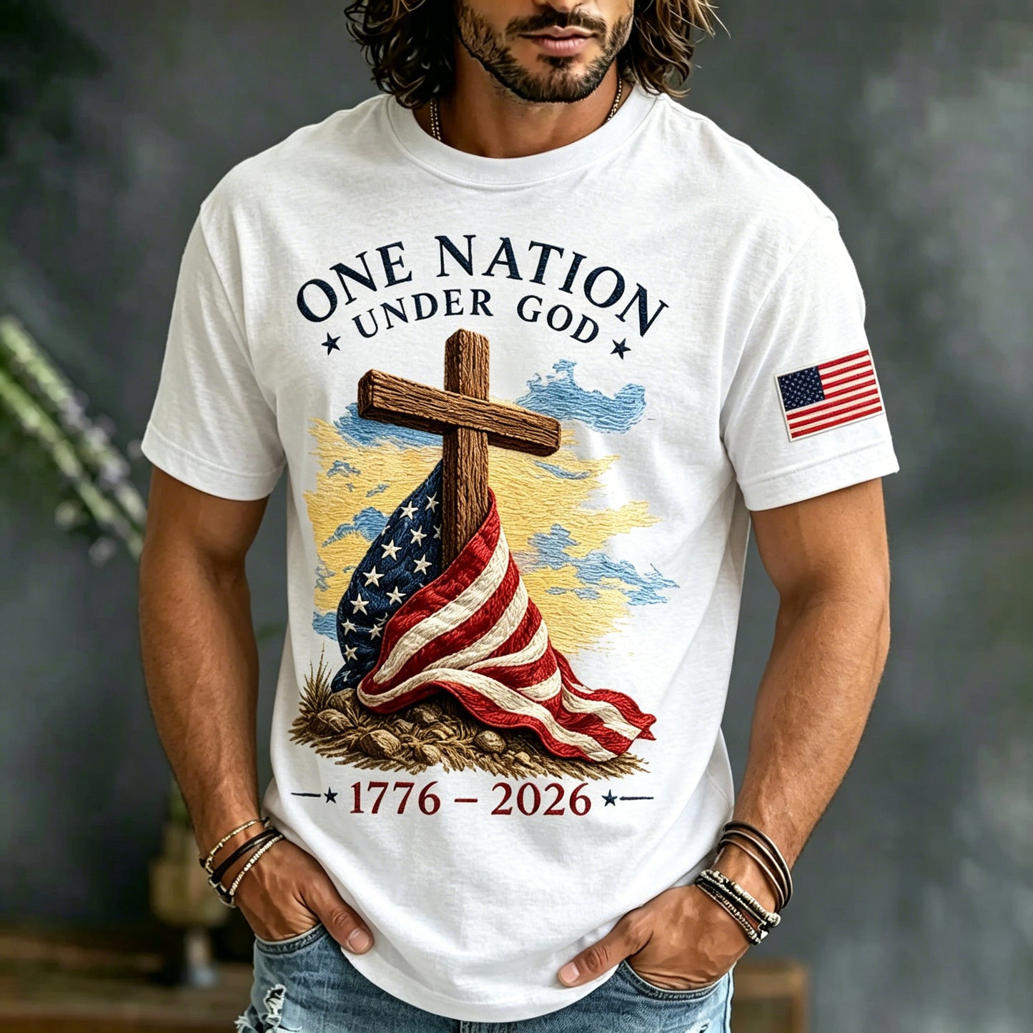 Cardydony Men's Retro Independence Day Anniversary Faith Cross Flag Print Casual T-shirt