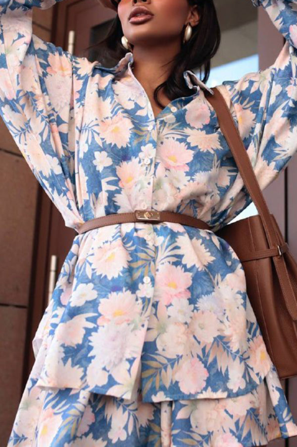 Cardydony Women's Botanical Print Collared Long-sleeved Loose-fitting Shirt and Elastic Waist Casual Shorts Set
