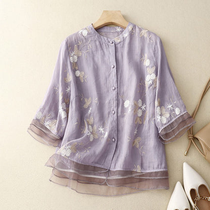 Cardydony Women's Floral Embroidered Art Linen Blend Blouse