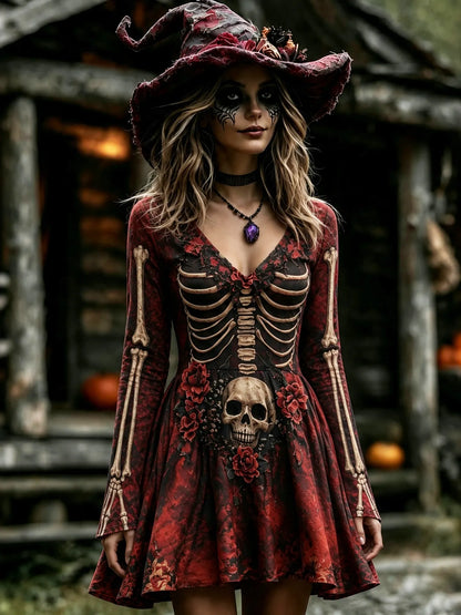 Cardydony Women's Retro Halloween Skull And Floral Pattern Casual V Neck Mini Dress