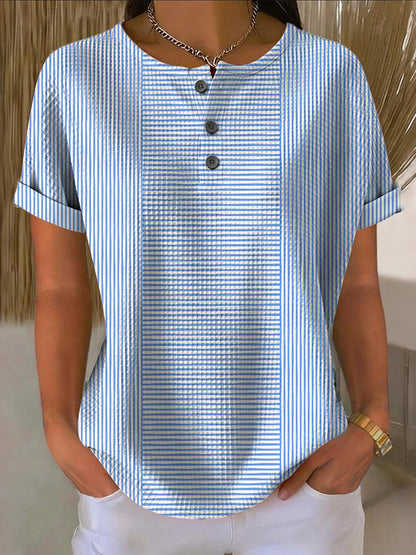 Cardydony Women's Striped Pattern Casual Short-sleeved Shirt