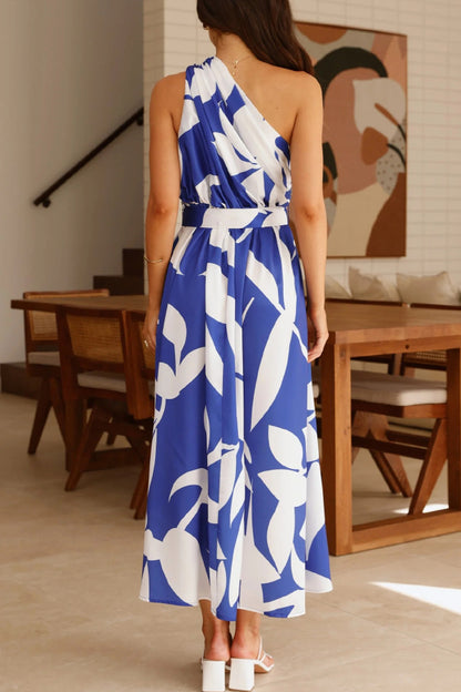 Cardydony Women's Unique Printed One-Shoulder Belt Casual Holiday Maxi Dress