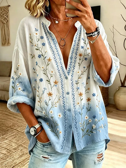 Cardydony Women's Floral Gradient Print Long Sleeve Shirt