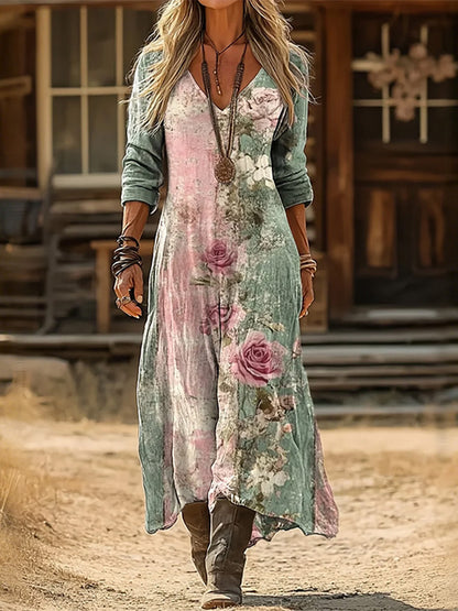 Cardydony Women Floral V Neck Printing Vintage Spring/fall Daily Maxi H-line Dress