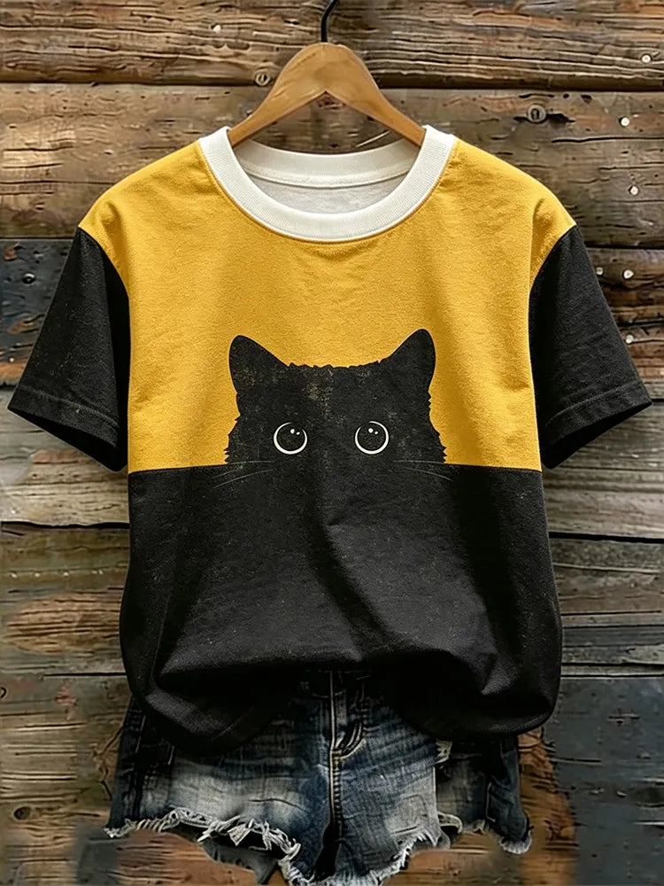 Cardydony Retro Color-blocked Black Cat Pattern Short-sleeved Round Neck Pure Cotton Casual T-shirt