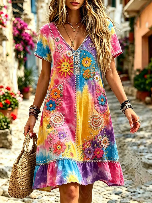 Cardydony Women's Tie-dye Sun, Moon, Stars And Flowers Design Linen Dress