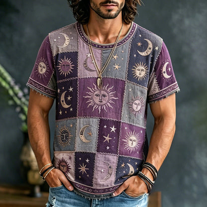 Cardydony Men's Hippie Sun Moon Geometric Patchwork Print Short Sleeve T-shirt