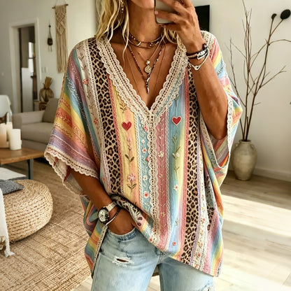 Cardydony Women's Rainbow Stripe Leopard Print Lace Cotton Blouse Top