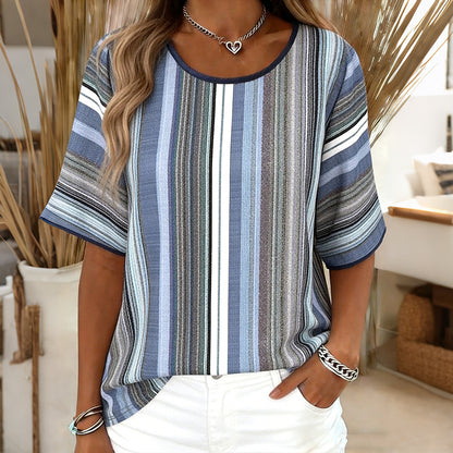 Cardydony Women's Retro Striped Print Short-sleeve T-shirt