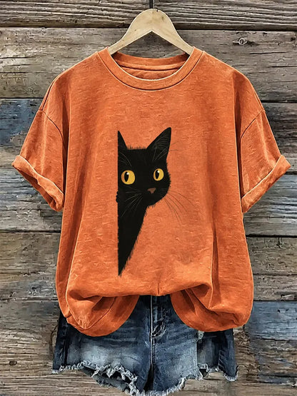 Cardydony Women's Vintage Black Cat Art Casual Short Sleeve T-shirt