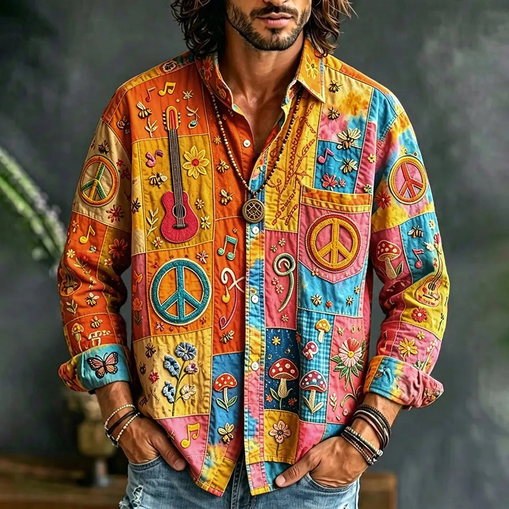 Cardydony Men's Peace Sign And Guitar Hippie Patchwork Print Long Sleeves Shirt
