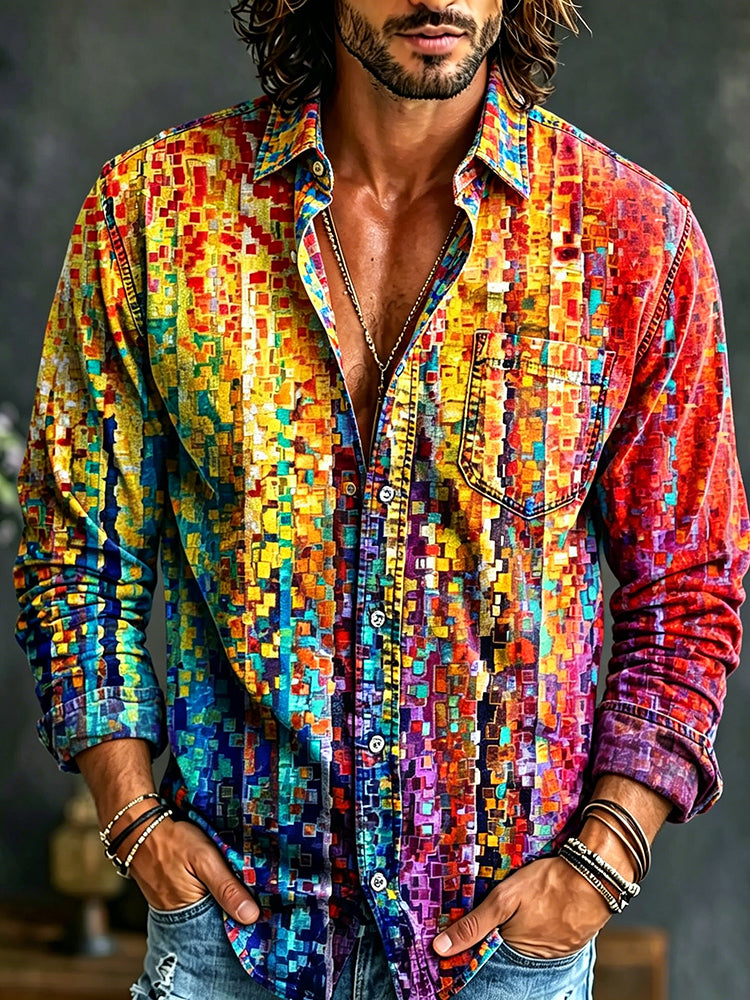 Cardydony Men's Hippie Retro Color Blocks Art Print Linen Shirt