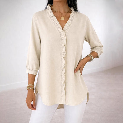 Cardydony Women's Casual Imitation Denim V-neck Ruffle Shirt