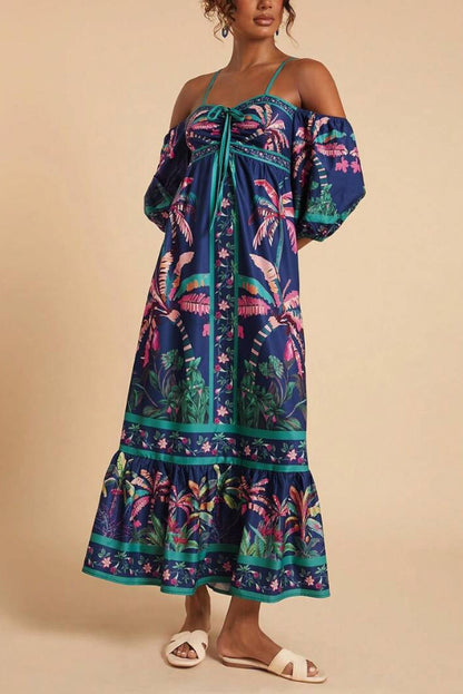 Cardydony Women's  Coconut Tree Print Off-shoulder Half Sleeve Casual Vacation Maxi Dress