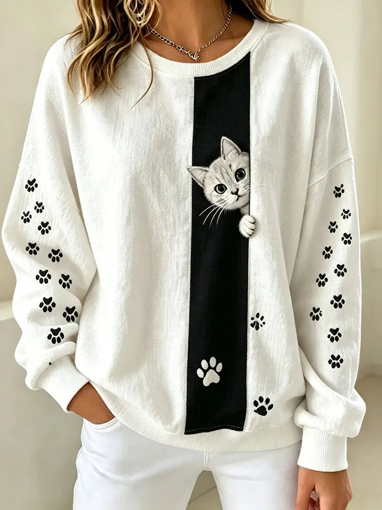 Cardydony Women's Cat Paw Print Casual Round Neck Long Sleeved Sweatshirt